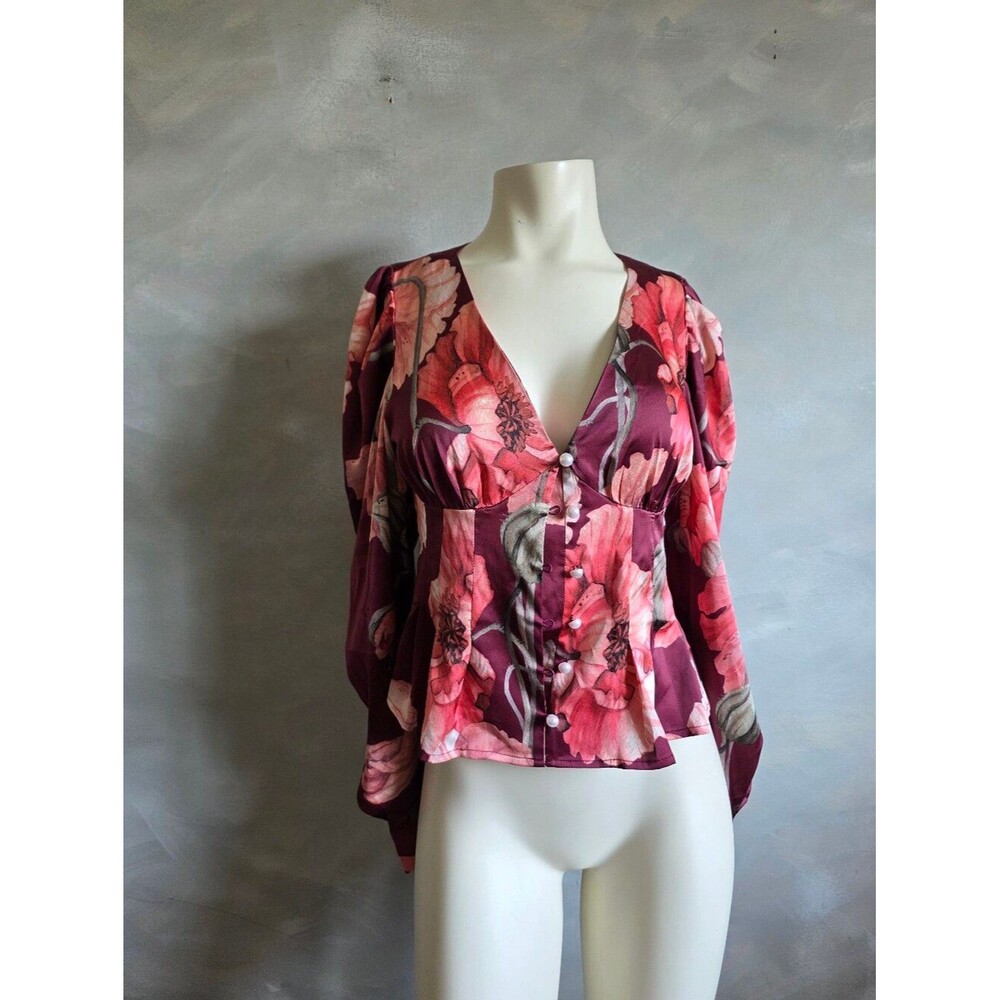 Hutch Burgundy Floral Satin Blouse Sz S